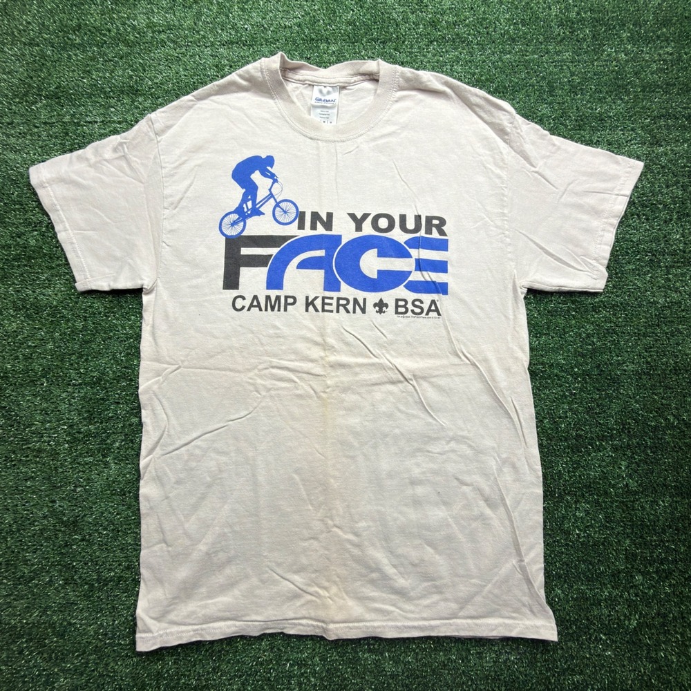 VTG Y2K Gildan Camp Kern BSA In Your Face BMX Biking T-Shirt Tan Biker Mens M